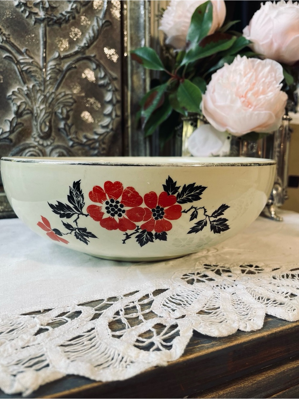 Vintage Hall Superior ivory black red poppy ceramic serving bowl